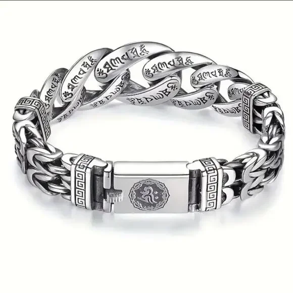 Stainless Steel Chain Link Bracelet, Mantra, Curb Hand Woven Engraved Byzantine